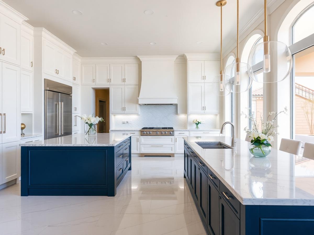 Spotless white and navy luxury kitchen after a TrueCove deep clean
